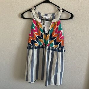 THML Blue White Striped Tassled Embroidered Linen Halter Top- Small